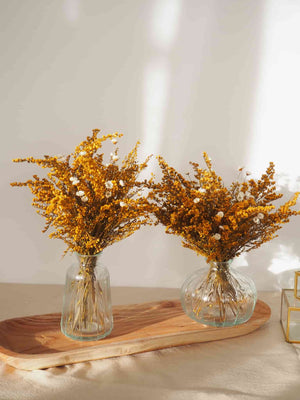 
                  
                    Composición de dos jarrones de cristal flores preservadas solidago y glixia. tamaños pequeños color oro
                  
                